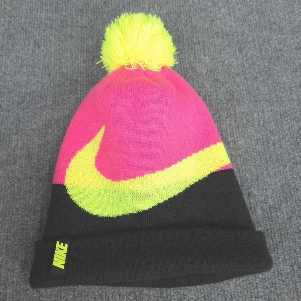 Nike Beanie Hat Girls Pink Black Big Swoosh Knit Pom Cuffed‎ One Size Winter Ski